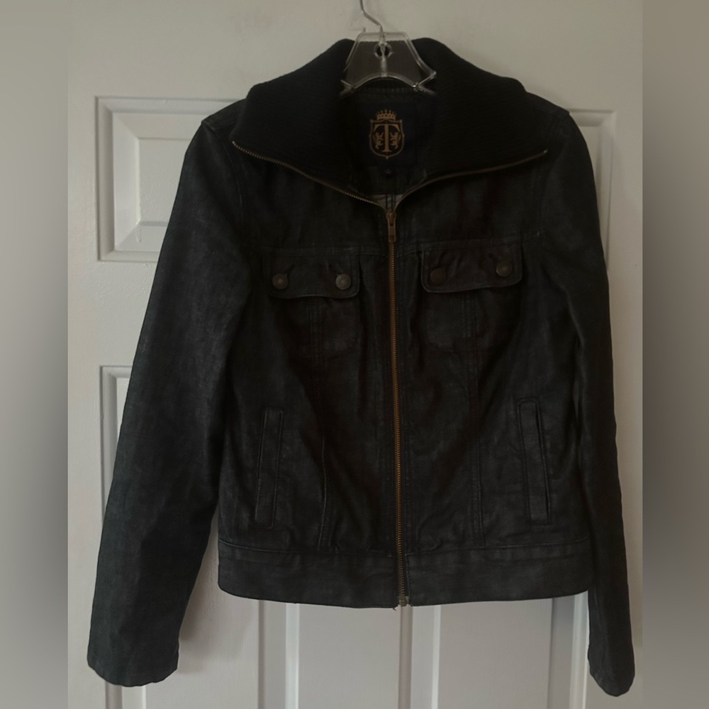 Talbots‎ Denim Bomber Jacket Sweater Collar Dark Wash. Size 4.